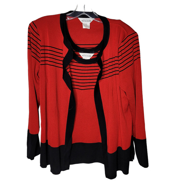 Exclusively Misook TwinSet Open Cardigan Tank Shell Knit red Black sz Small - Picture 1 of 9